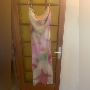 Zara Silk Slip Dress - Cowlneck, multi color, midi length